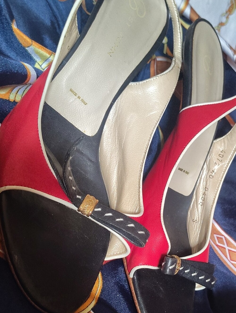 St. John Red, Black & Cream Two-Tone Slingback Mules with Gold Accent